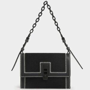 Charles & Keith Black Canvas Turn-Lock Chain Handle Bag with matching wallet